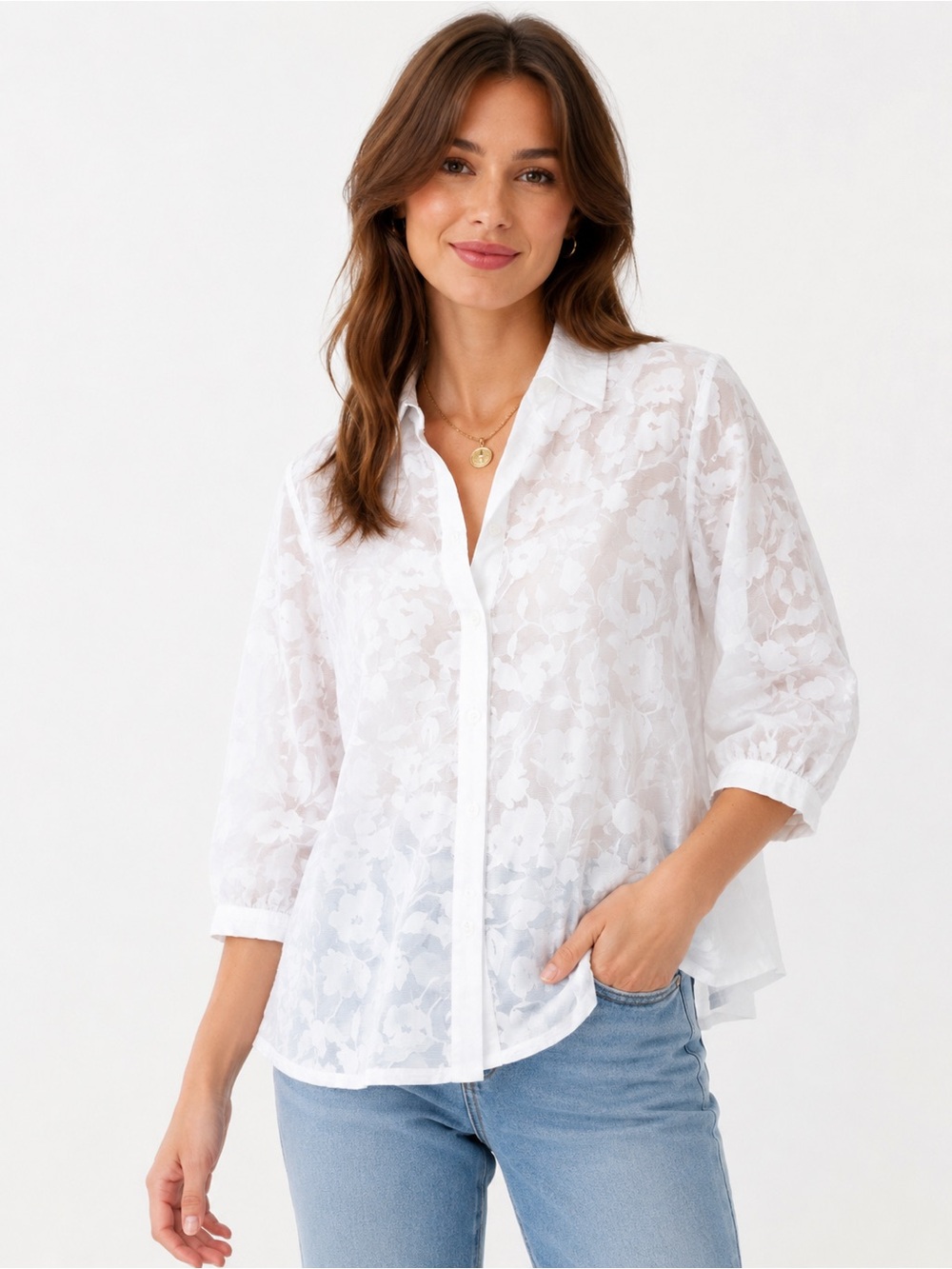 Sheer White Floral Button-Down Shirt - Women